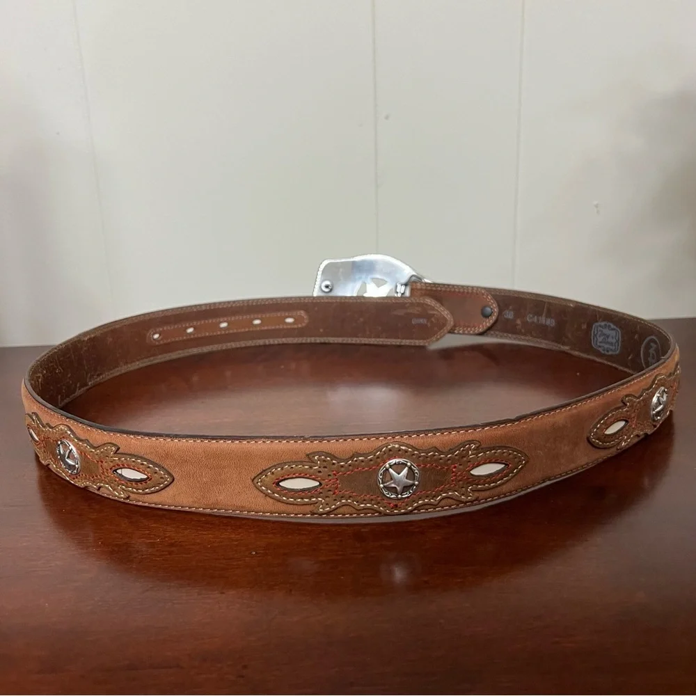 Tony Lama leather belt C41189 brown country western cowboy star cutout buckle - Picture 6 of 9